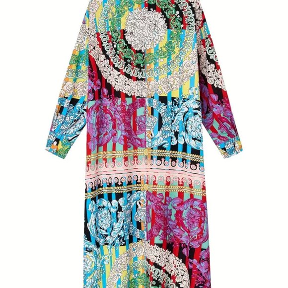 Plus Size Boho Dress, Women's Plus Patchwork Floral Print Long Sleeve Button Up - Picture 3 of 5